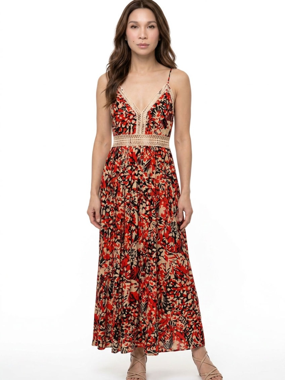 Bohemian Floral Crochet-Trim Maxi Dress in Orange and Black